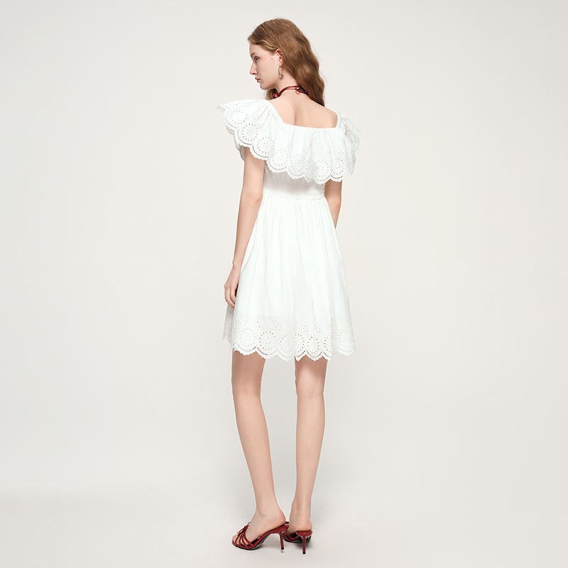 摩萨克2025夏新款棉混纺波西米亚风荷叶边一字肩短款连衣裙女 - 图0