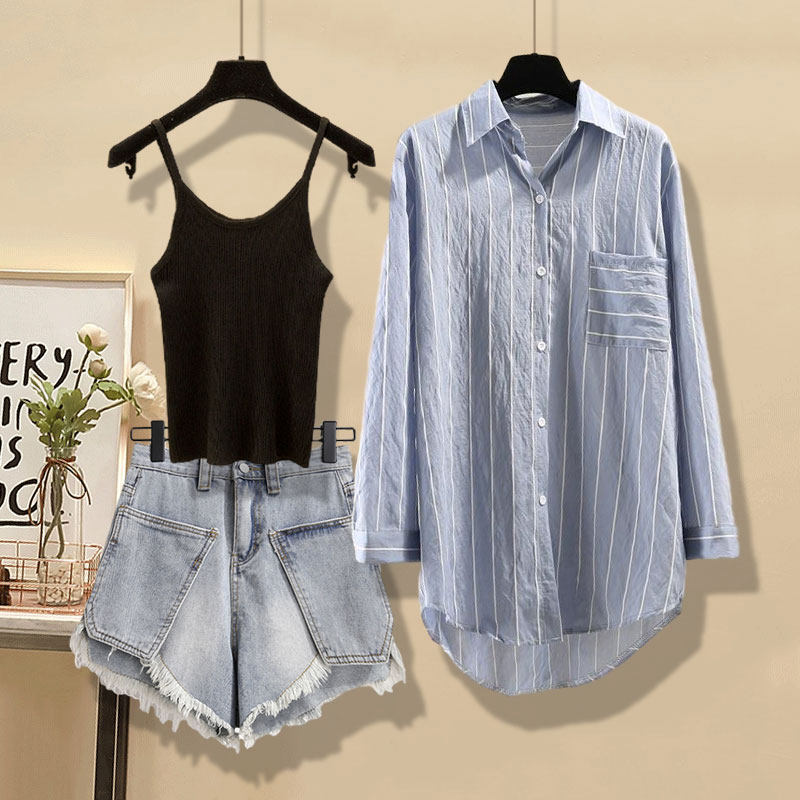 洋气减龄夏季防晒条纹吊带牛仔衬衫 曼范玫时尚套装