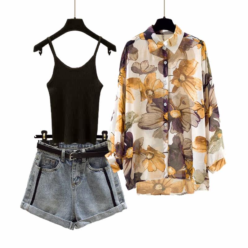 三件套女套装夏季2020牛仔短裤 曼范玫时尚套装