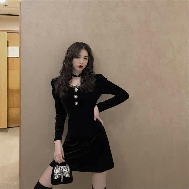 很仙复古优雅黑天鹅少女年会连衣裙 述氧连衣裙