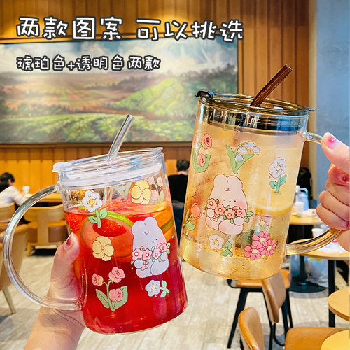 1000ml大容量玻璃杯高颜值卡通喝水杯子带盖子吸管杯耐高温果汁杯 - 图3