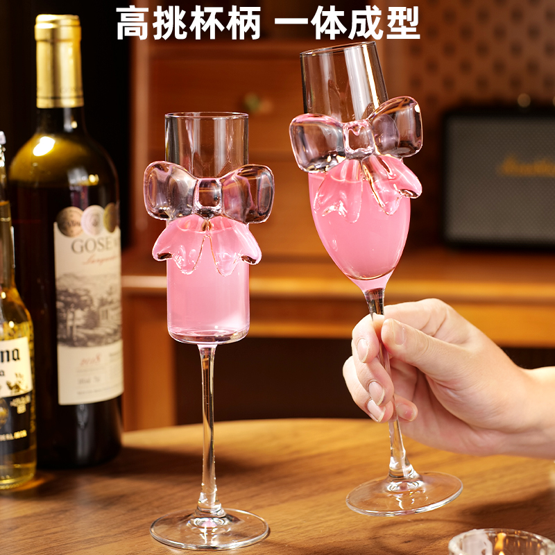 高颜值香槟杯家用水晶玻璃葡萄酒杯子蝴蝶结高脚杯红酒杯礼盒套装 - 图2