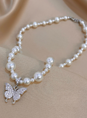 新款银色蝴蝶吊坠珍珠项链