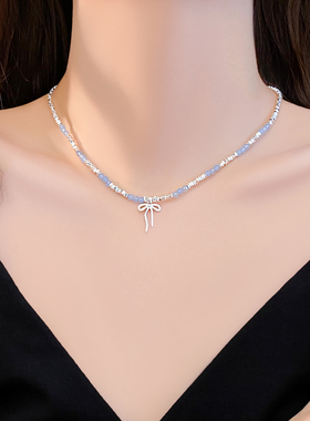 碎银子蓝色串珠夏季项链甜酷女2025新款爆款轻奢小众女士锁骨链