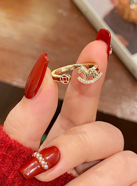 马年小马红色铜钱戒指开口戒指女