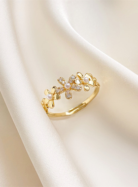 珍珠花朵戒指女小众设计ins潮食指戒高级感轻奢时尚个性冷淡风