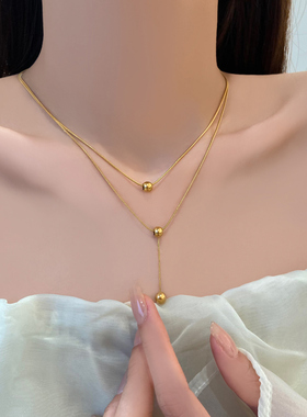 钛钢双层项链女小众高级设计感小圆珠锁骨链2025年新款潮简约配饰