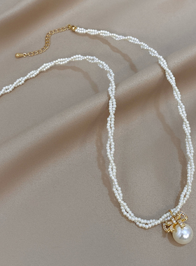 新款蝴蝶结珍珠吊坠双层珍珠项链