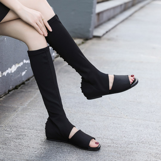 曼三欧美风新款弹力靴靴女夏长筒显瘦薄款罗马凉靴露趾高筒镂空靴