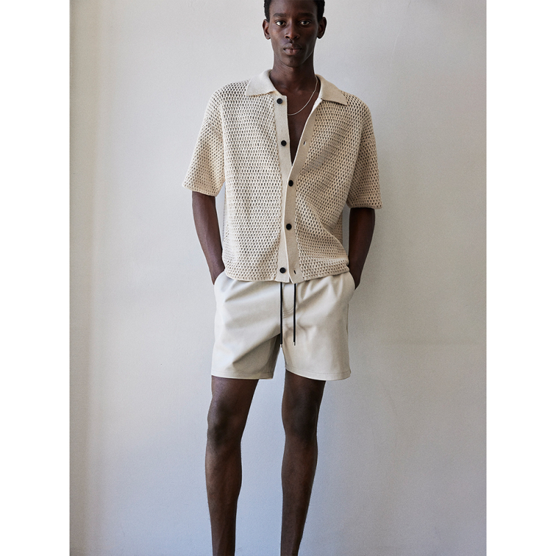 FRAME男士浅卡其针织镂空短袖衬衫款纽扣上衣叠穿 - 图0