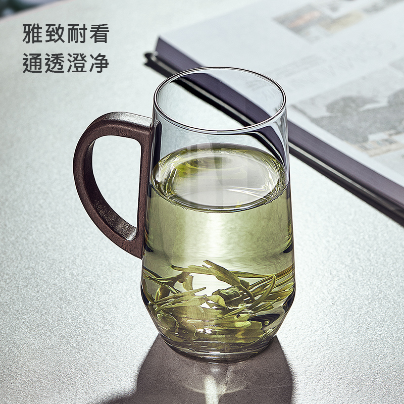 玻璃绿茶杯个人专用水杯高颜值胡桃木把花茶杯泡茶家用耐高温杯子