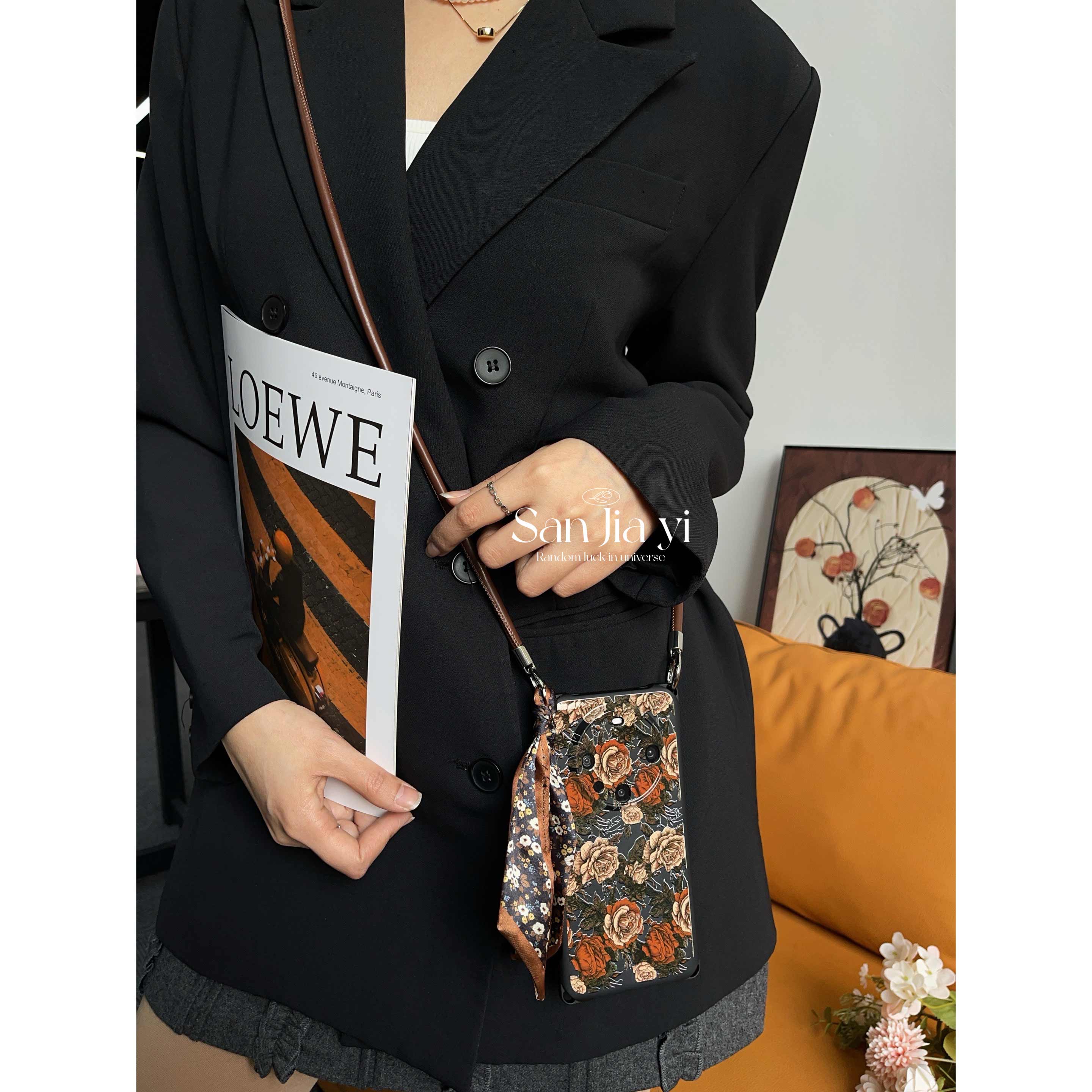 复古玫瑰花mate70四角开孔手机壳可斜挎挂绳pura70适用荣耀200苹果防摔手腕华为nova13新款16promax小米15/14 - 图2