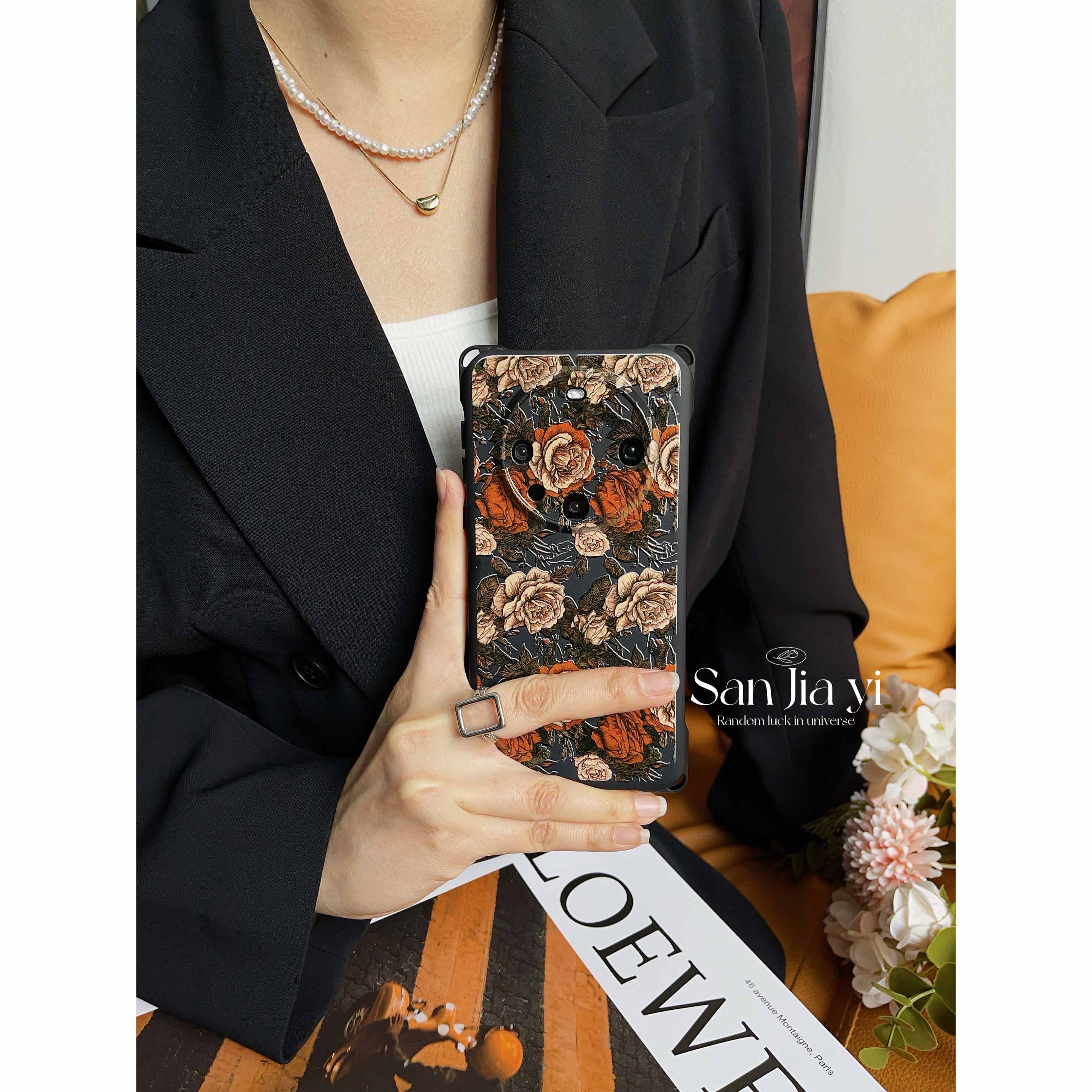 复古玫瑰花mate70四角开孔手机壳可斜挎挂绳pura70适用荣耀200苹果防摔手腕华为nova13新款16promax小米15/14 - 图0