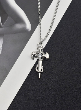 做旧银蛇十字架暗黑男士项链