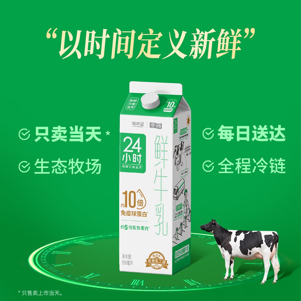 【鲜奶每日上门配送】鲜牛乳新希望华西24小时鲜牛奶盒装950ml - 图1