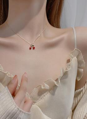 S925纯银红色樱桃项链女2024年新款潮小众轻奢高级感锁骨生日礼物