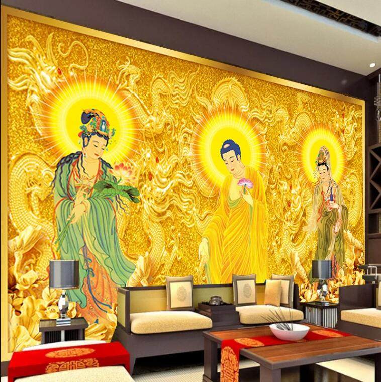 西方三圣菩萨祠堂壁纸佛堂寺庙金色佛祖佛像阿弥陀佛背景墙纸壁画,淘宝优惠券,粉丝福利购,淘宝优惠卷