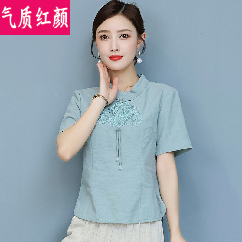 中式唐装夏季中国风禅意女装禅修服 气质红颜上衣