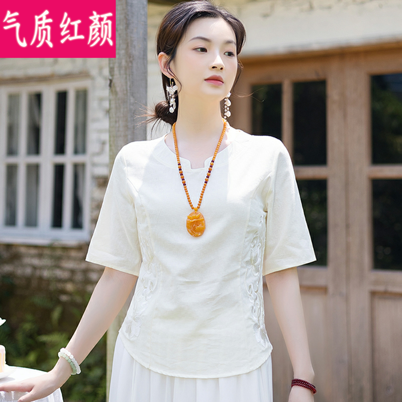 民族风复古绣花亚麻短袖中国风t恤 气质红颜上衣