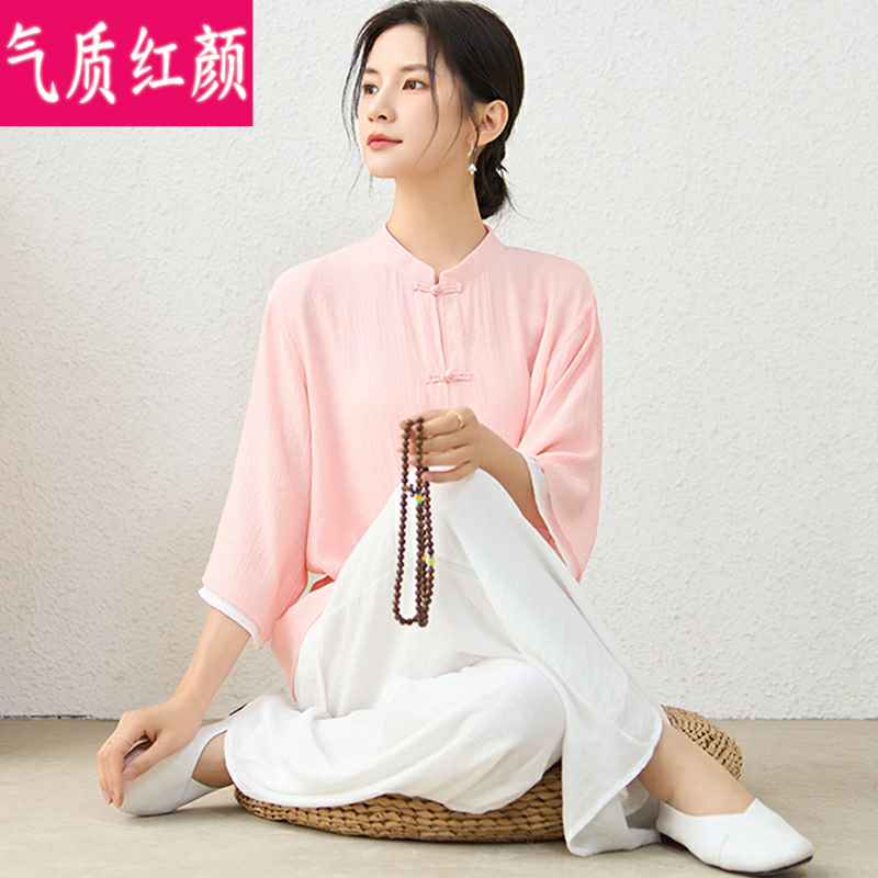 中式唐装中国风复古棉麻禅意茶服禅修服打坐居士服瑜伽服两件套女-图1