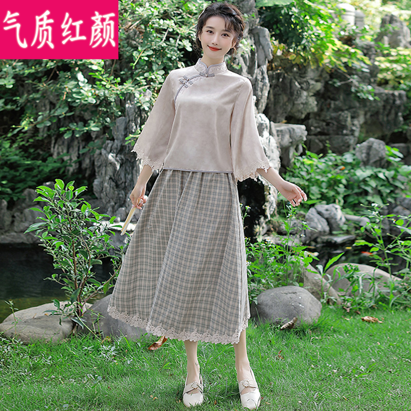 夏季中国风复古唐装禅意茶艺服汉服 气质红颜上衣