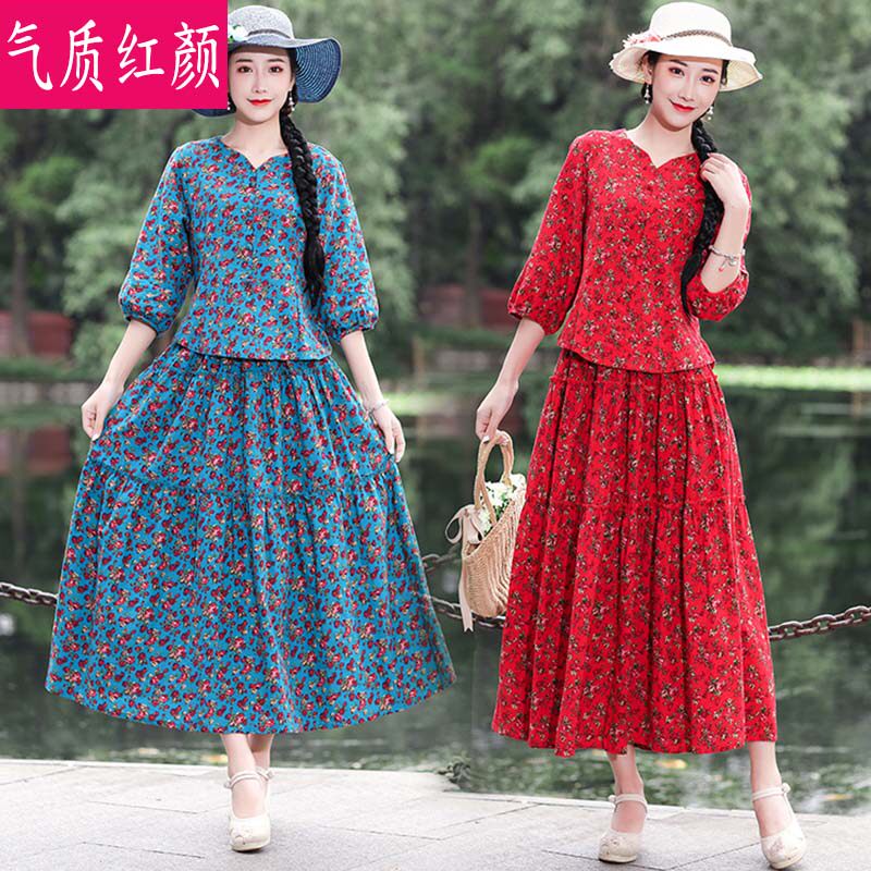 民族风中式服装复古洋气中袖套装裙 气质红颜上衣