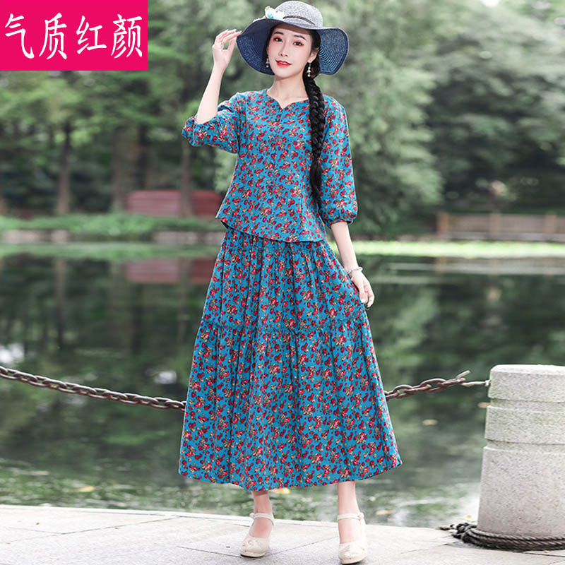 民族风中式服装复古洋气中袖套装裙 气质红颜上衣