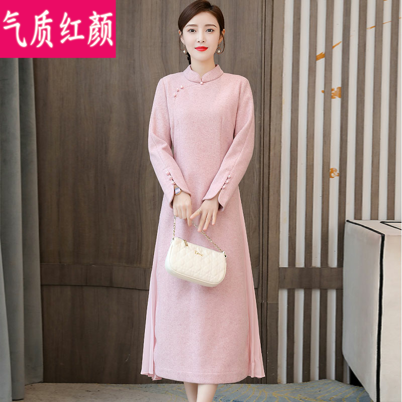 中国风汉服改良毛呢旗袍秋冬连衣裙 气质红颜连衣裙
