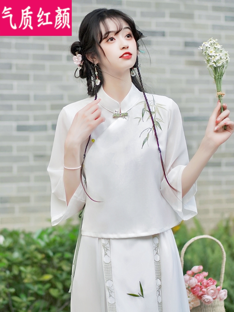 茶艺师服装中国风禅意女装夏季改良旗袍上衣中式茶服汉服唐装套装 - 图1