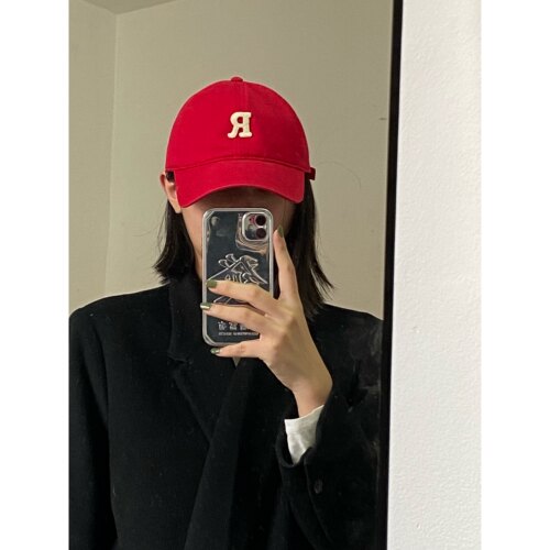 版型好！r字母棒球帽软顶纯色鸭舌帽百搭潮日系休闲情侣ins四季帽 - 图0