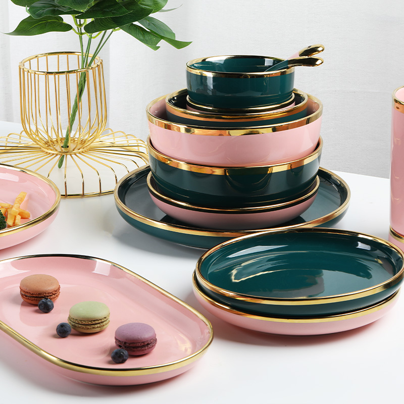 北欧碗盘套装家用碗盘网红盘子碗祖母绿金边陶瓷碗盘碟轻奢盘餐具,淘宝优惠券,粉丝福利购,淘宝优惠卷