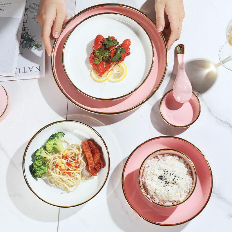 北欧碗盘套装家用碗盘网红盘子碗祖母绿金边陶瓷碗盘碟轻奢盘餐具,淘宝优惠券,粉丝福利购,淘宝优惠卷