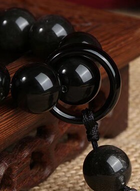 黑曜石手持手串男念珠盘玩猫眼银曜石手捻佛珠文玩流苏吊坠手链女