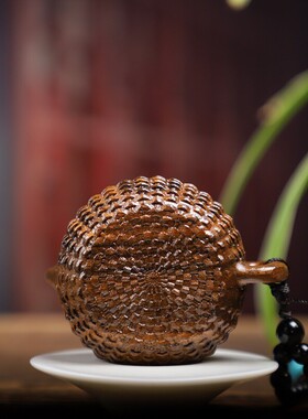 沉香木渔篓把把壶手把件八方来财木雕竹篓壶螃蟹茶壶汽车挂件摆件
