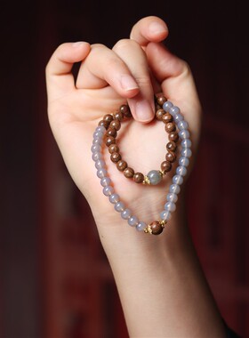 新中式金丝檀木手链女国风双圈叠戴手串猫眼石手链烟紫和田玉手链