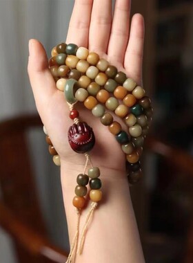 天然白玉菩提根108颗多宝色风化黄绿手链手串圆珠桶彩色菩提手串
