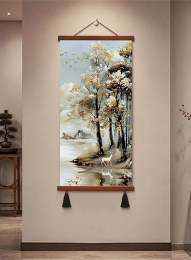 绿色热带植物麋鹿玄关装饰画现代简约走廊过道竖版挂画客厅背景墙