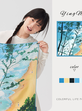 盈妹夏插画风女真丝卷边方巾丝巾