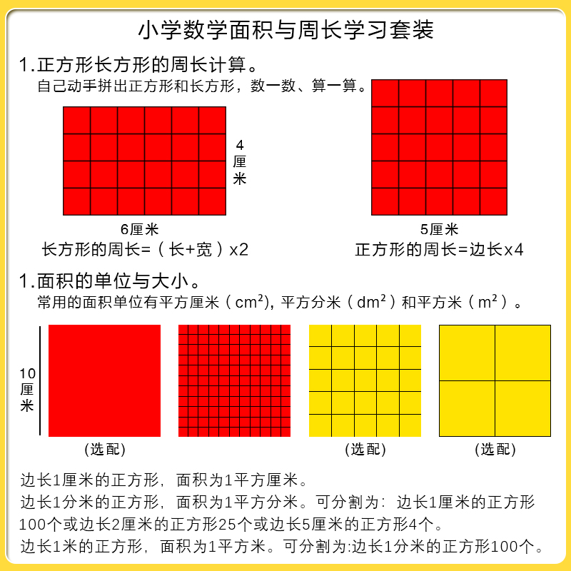磁性面积与周长学习套装三年级一平方厘米正方形长方形面积教具1cm正方形教具小正方形学具认识面积测量器-图1