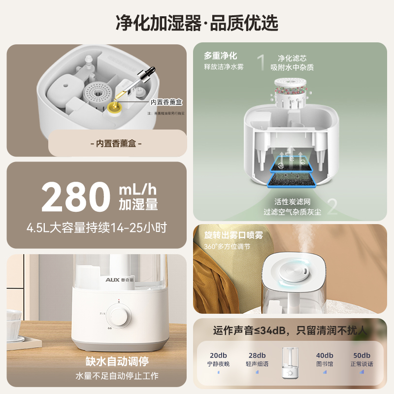 奥克斯桌面加湿器孕妇婴儿家用静音卧室2023新款大雾量净化空气