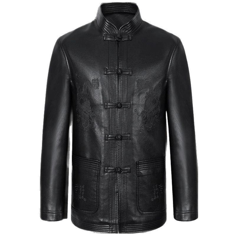 【】唐装皮衣男士PU刺绣爸爸中国风外套加绒加厚棉服民族风,淘宝优惠券,粉丝福利购,淘宝优惠卷