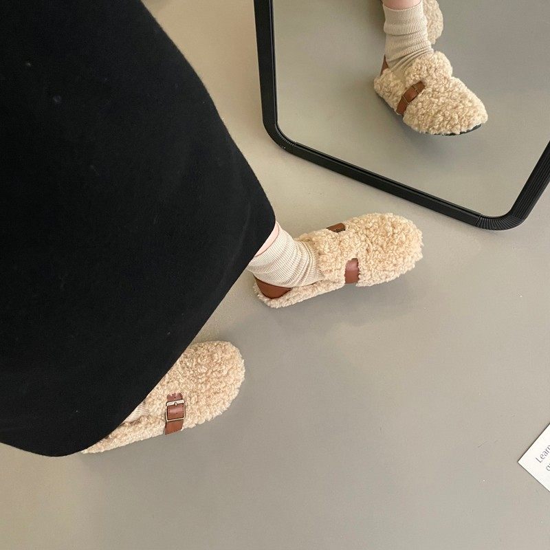 韩版卷毛毛毛鞋女外穿2024年秋冬新款仙女踩脚豆豆鞋平底加绒棉鞋,淘宝优惠券,粉丝福利购,淘宝优惠卷