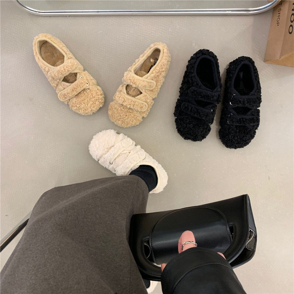 网红毛毛鞋女冬外穿2022秋冬新款百搭加绒保暖一脚蹬魔术贴豆豆鞋,淘宝优惠券,粉丝福利购,淘宝优惠卷