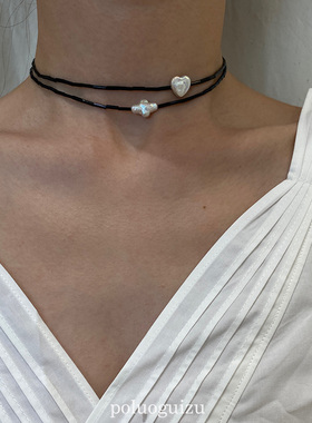 poluoguizu极简经典高品质黑玛瑙天然巴洛克珍珠项链颈链合集