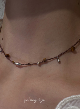 《流浪记》秋冬大地色系猫眼石原创小众手工编织颈链锁骨链可调节