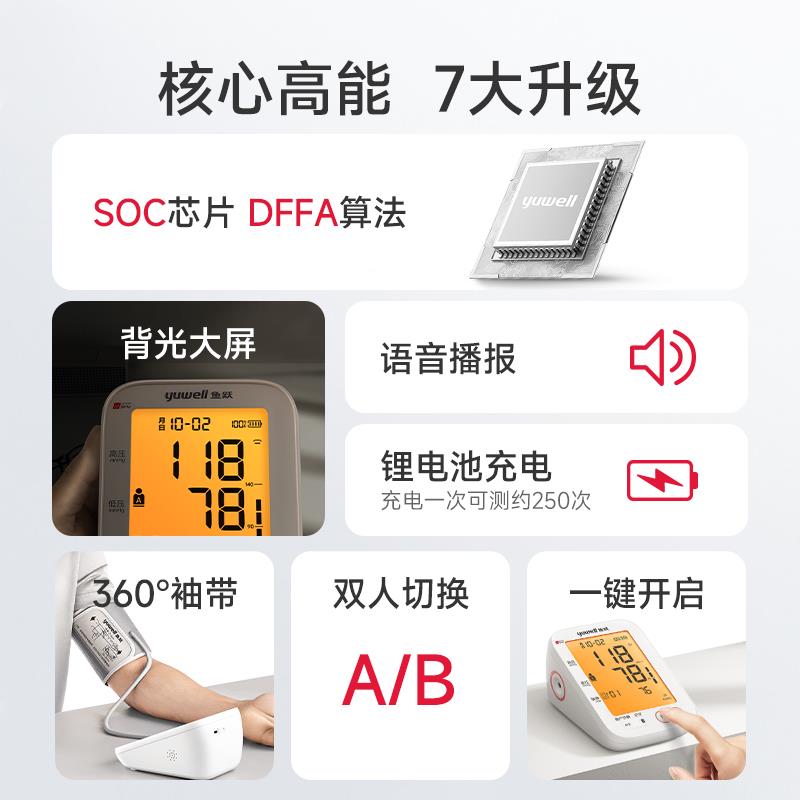 鱼跃电子血压计血压家用测量仪臂式精准医用充电款高血压测压仪 - 图0