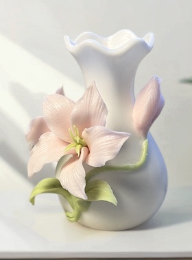 中式手工陶瓷百合花瓶插干花客厅装饰品玉壶春瓶家饰摆件