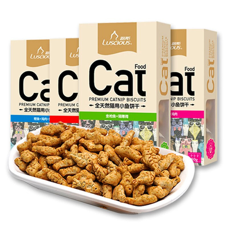 路斯成猫小鱼洁齿饼干80g*4盒+金枪鱼罐头150g*2罐猫零食套餐组合