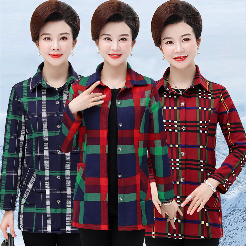妈妈秋冬装加绒加厚格子中长款衬衫 私设中老年女装
