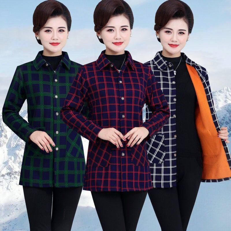 妈妈秋冬装加绒加厚外套中长款衬衫 私设中老年女装